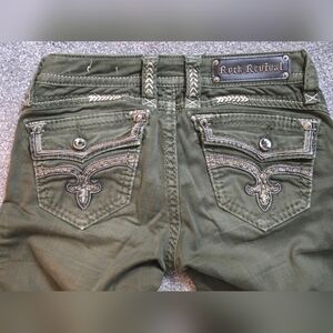 Rock Revival Dark Green Denim with Embellished Pockets, Size 26, Skinny, Eleanor